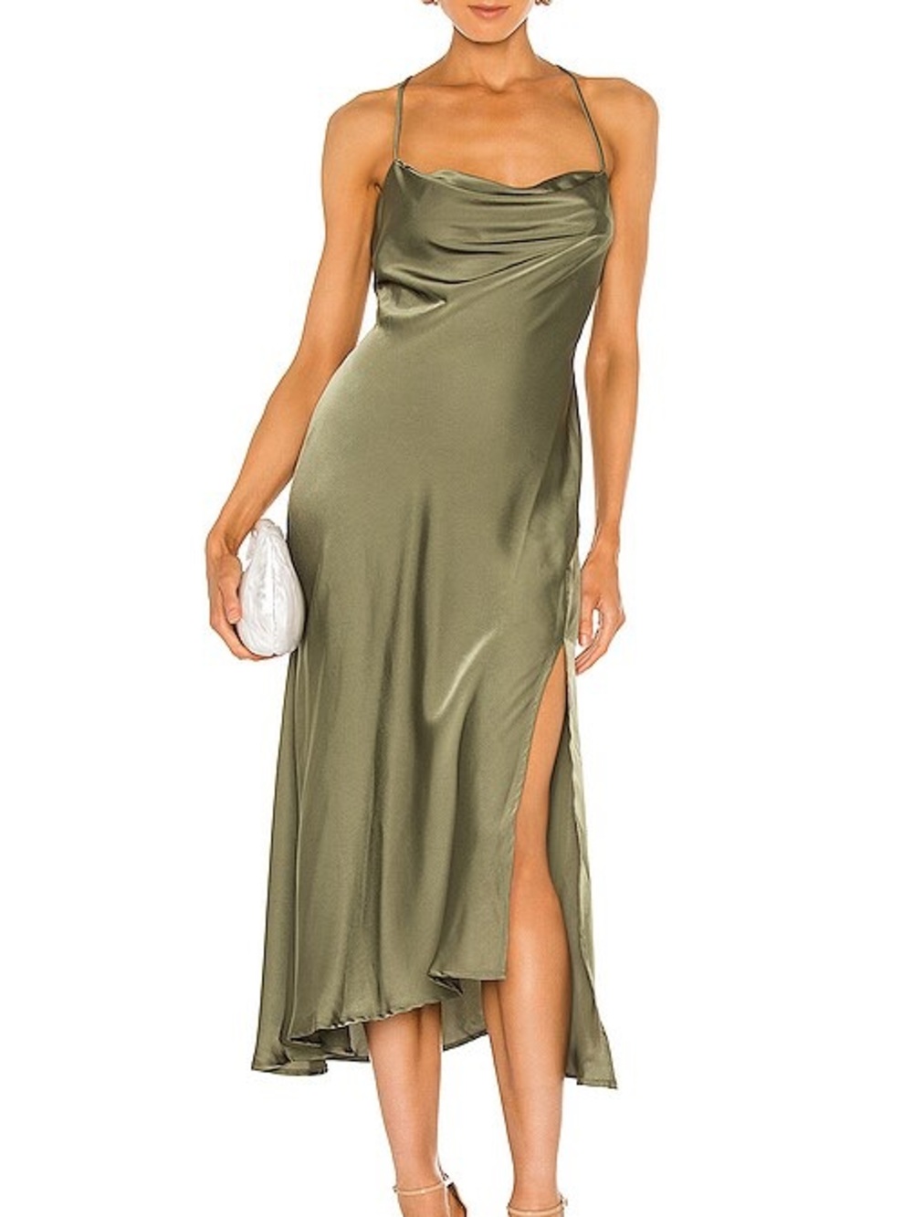 ASTR the Label Cowl Neck Slit Gaia Midi Dress in Sage